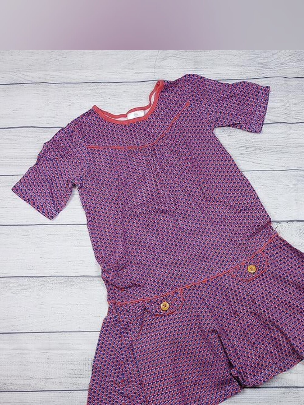 HANNA Anderson OWL Pink and Navy Patterned Short-Sleeve Drop-Waist Dress
